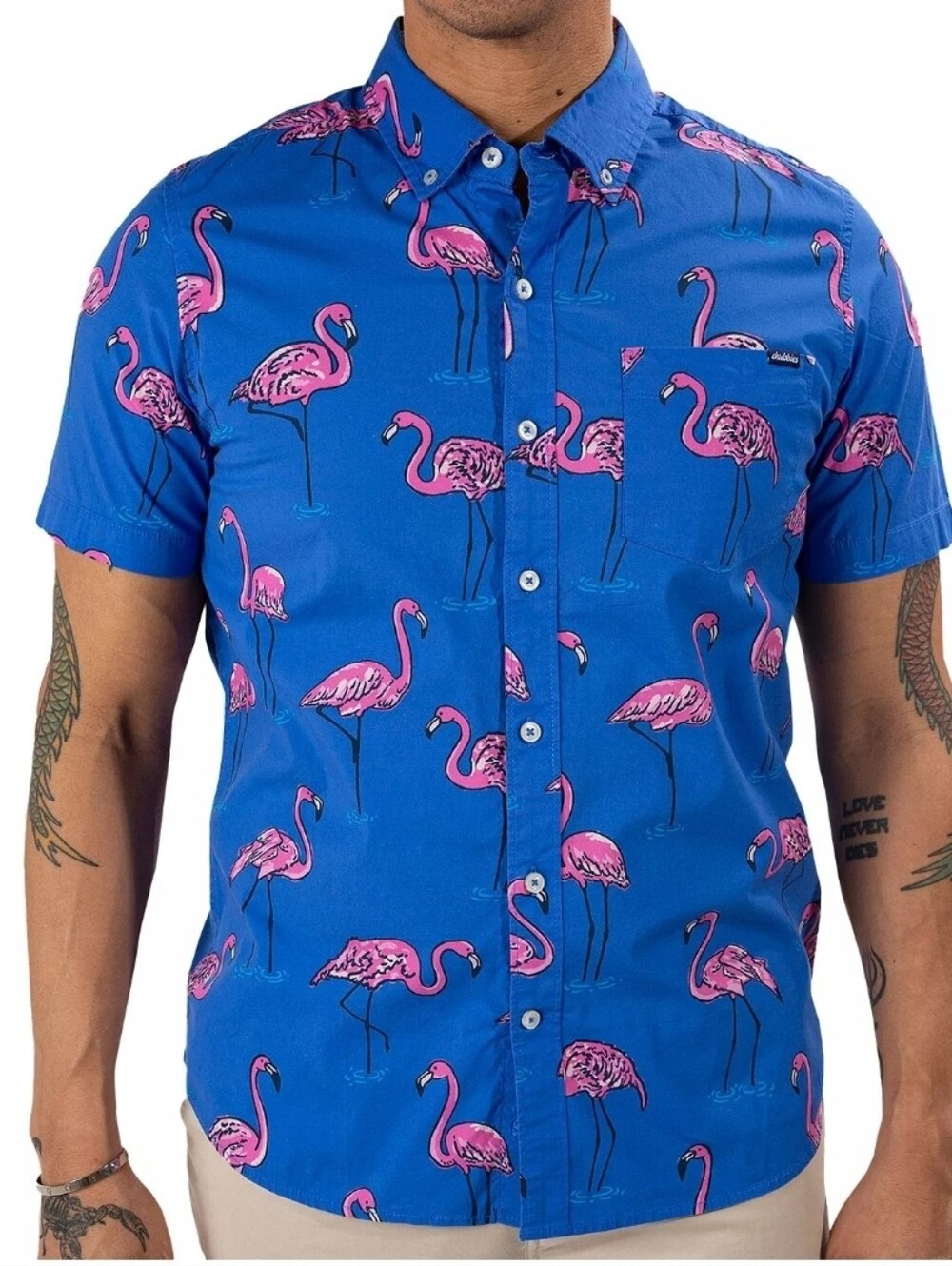 Chubbies Pop Flock And Drop It Blue Pink Flamingo Button Shirt Men's L Large
